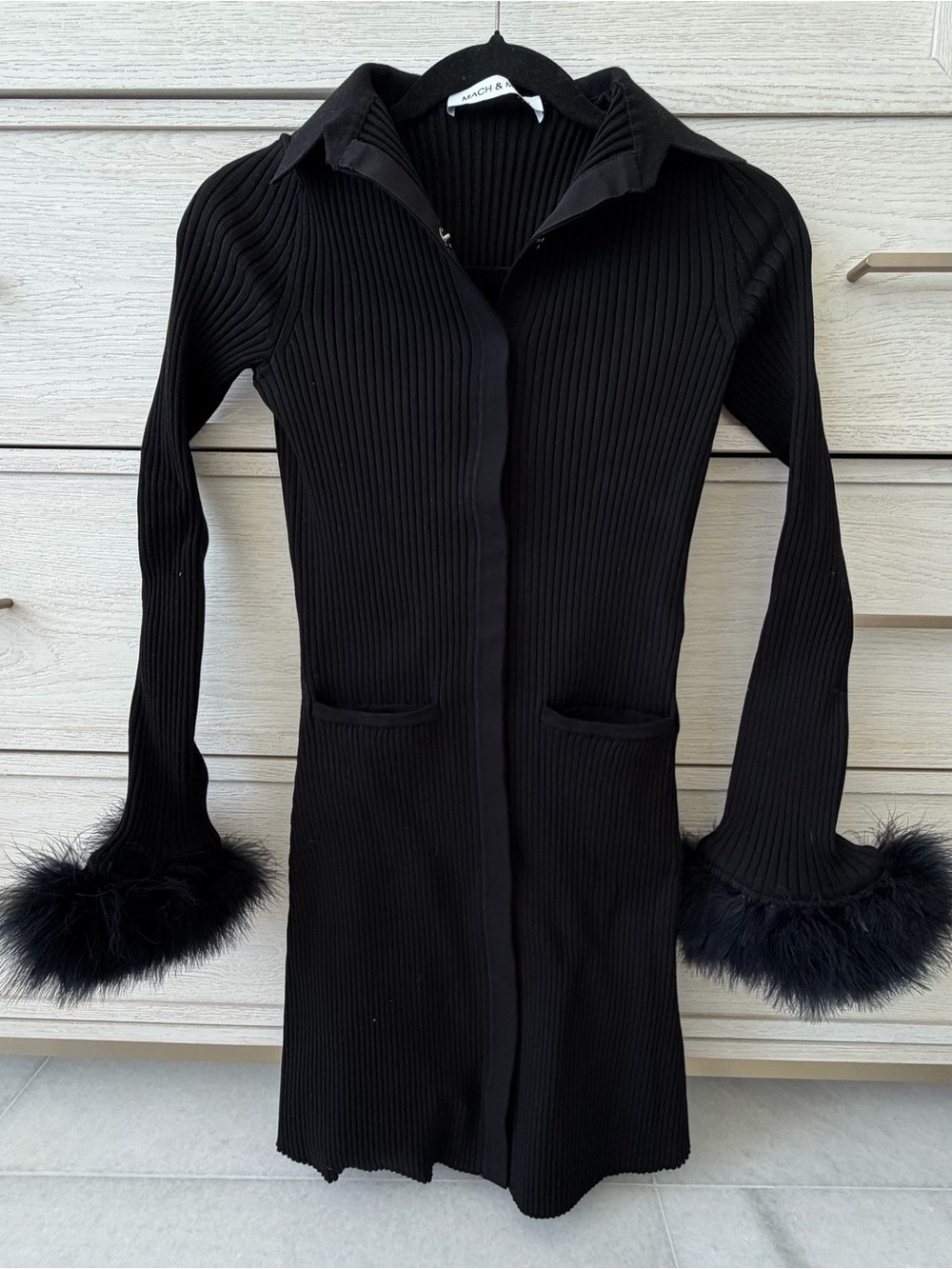 MACH & MACH Black Feather Trimmed Ribbed Knit Mini Dress